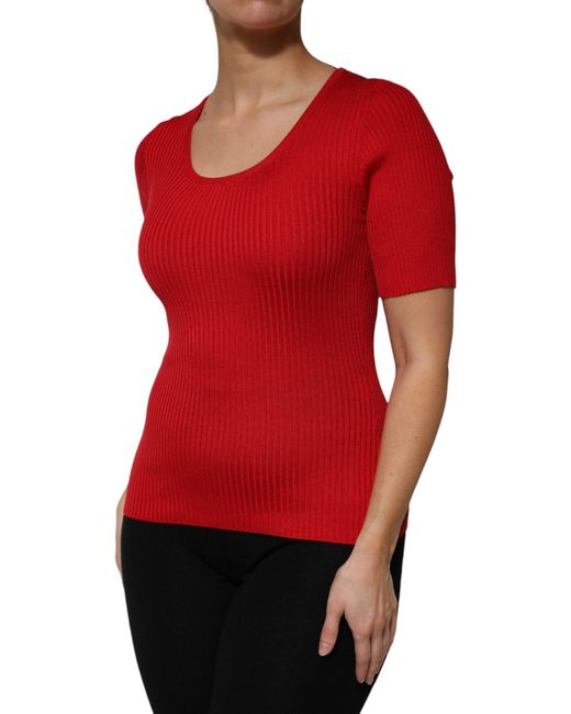 Dolce & Gabbana Red Ribbed Knit Short Sleeve Tee