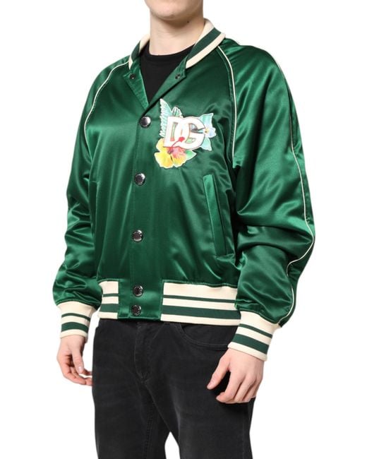 Dolce & Gabbana Green Satin Floral Patch Bomber Jacket for men