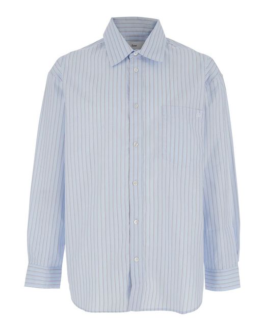 DUNST Blue Striped Cotton Shirt With Classic Collar For Light And Blouses for men