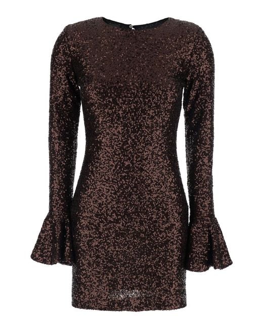 Le Plain Brown Dress With Round Neck And All-Over Applied Sequins