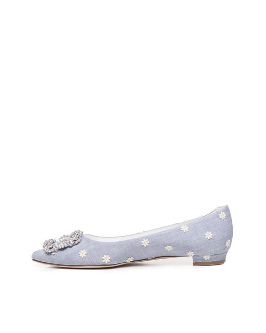 Manolo Blahnik Flat Pumps In Blue And White Chambray Daisy