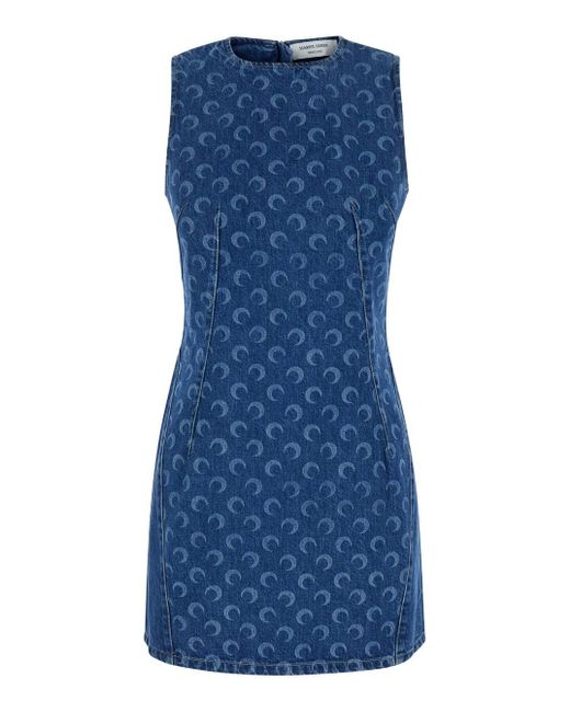 MARINE SERRE Blue Mini Dress With 'Crescent Moon' Print