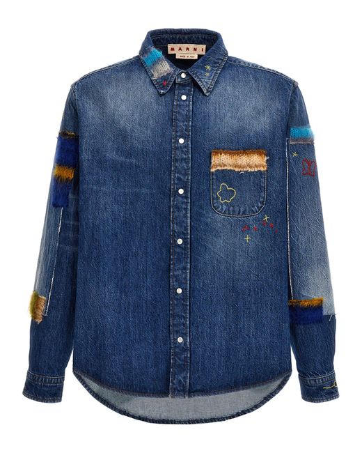 Marni Blue Denim Shirt, Embroidery And Patches Shirt, Blouse for men