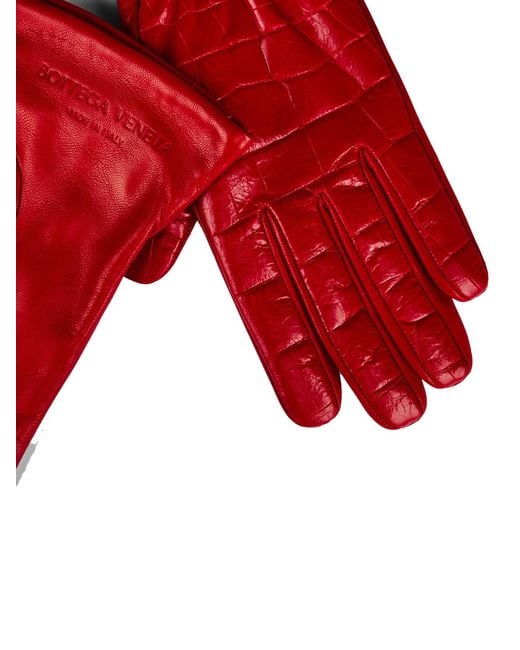 Bottega Veneta Red Croc Embossed Logo Leather Gloves Accessories