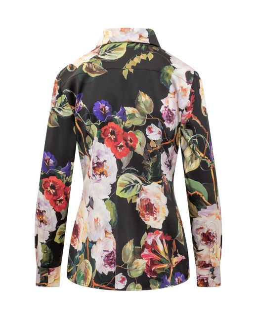 Dolce & Gabbana Black Stretch Silk Satin Shirt Rose Garden Print