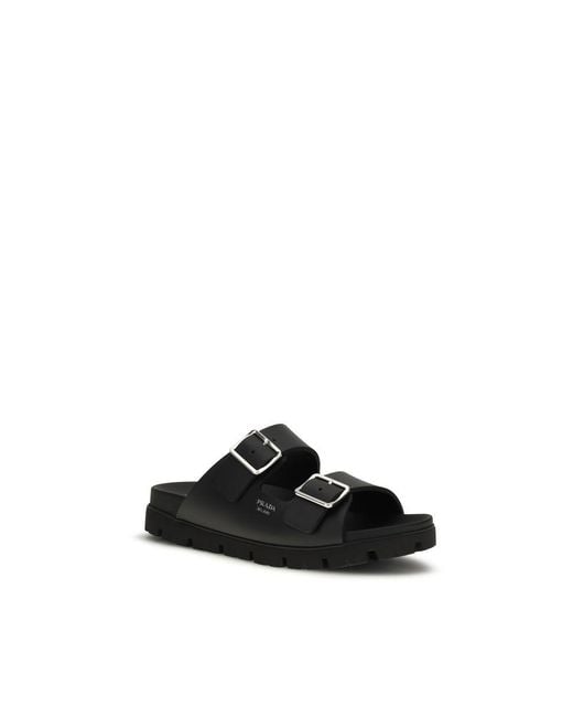 Prada Black Calf Leather Bos Taurus Flat Sandals for men