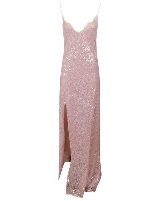 Staud Pink Side Slit Kezia Sequinned Lace Dress