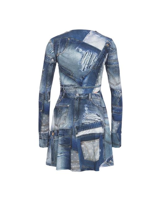 Chiara Ferragni Blue Denim Printed Plunging V-Neck Mini Dress