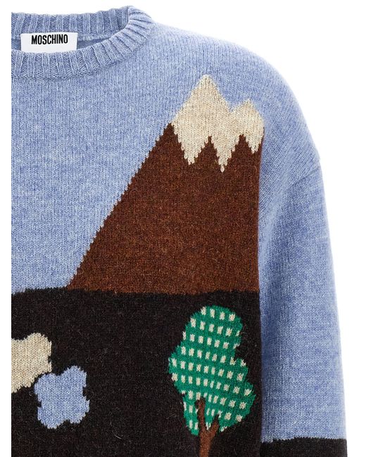 Moschino Blue Shetland Wool Sweater With Landscape Intarsia