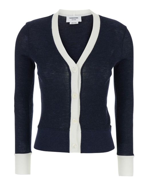 Thom Browne Blue V-neck Knitted Cardigan