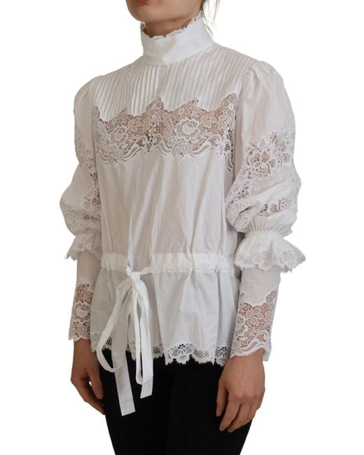 Dolce & Gabbana Gray Elegant Lace Trim Cotton Blouse