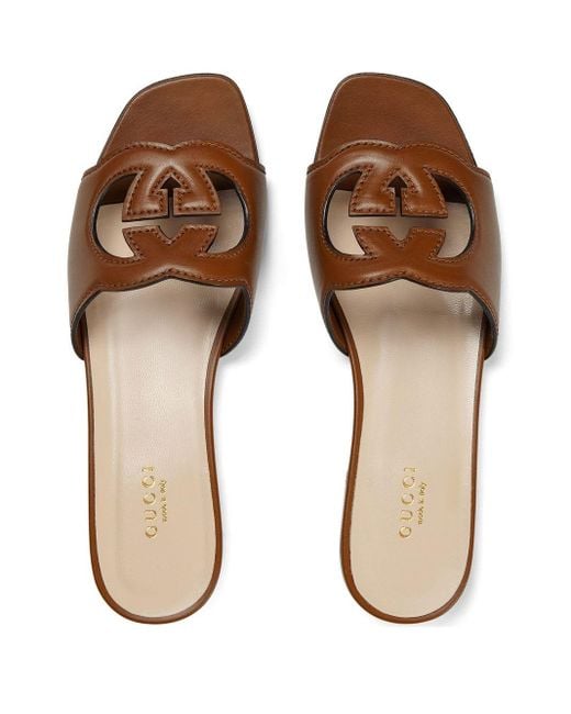 Gucci Brown Interlocking G Cut-out Leather Sliders