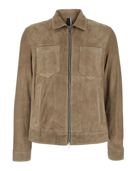Low Brand Brown Suede Bomber With Front Closure And Leather Pockets For Outerwear for men