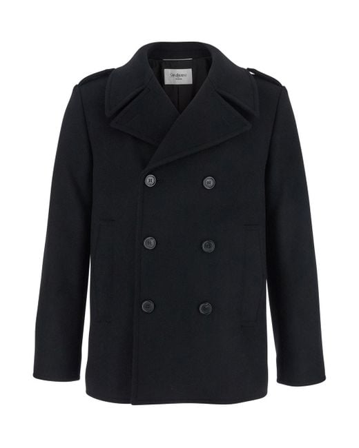 Saint Laurent Black Double-Breasted Coat With Wide Notched Revers for men