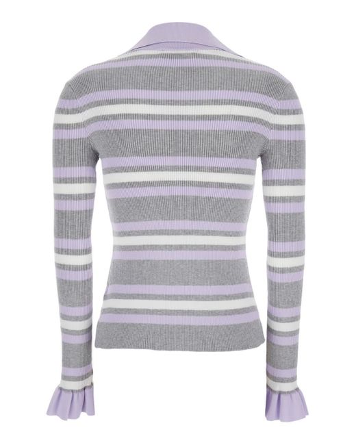 Self-Portrait Blue Cardigan With Spread Collar And All-Over Striped Mo