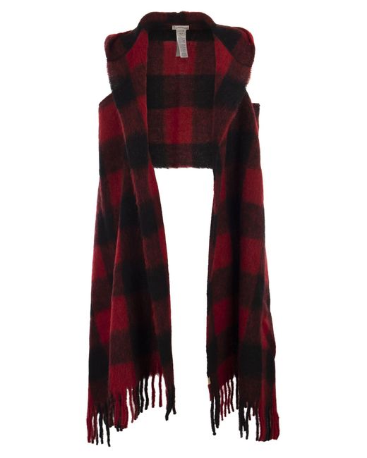 Woolrich Red Hooded Scarf With Checked Pattern