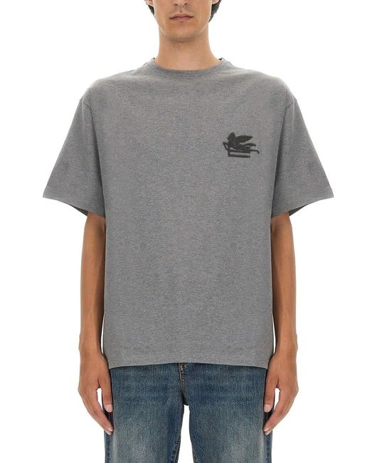 Etro Gray T-Shirt With Pegasus Embroidery for men