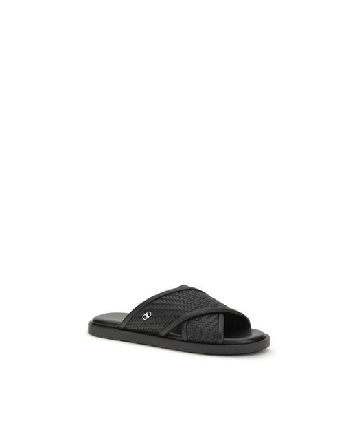 Ferragamo Black Calf Leather Bos Taurus Flat Sandals for men