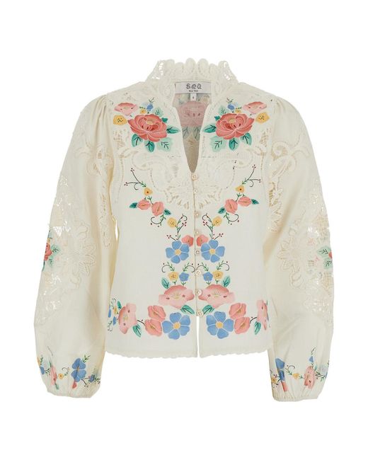 Sea White Astrid Embroidery L/Slv Blouse Long Sleeve Blouse W