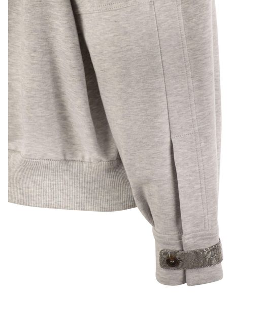 Brunello Cucinelli Gray Cotton Interlock Topwear With Shiny Sleeve Detail