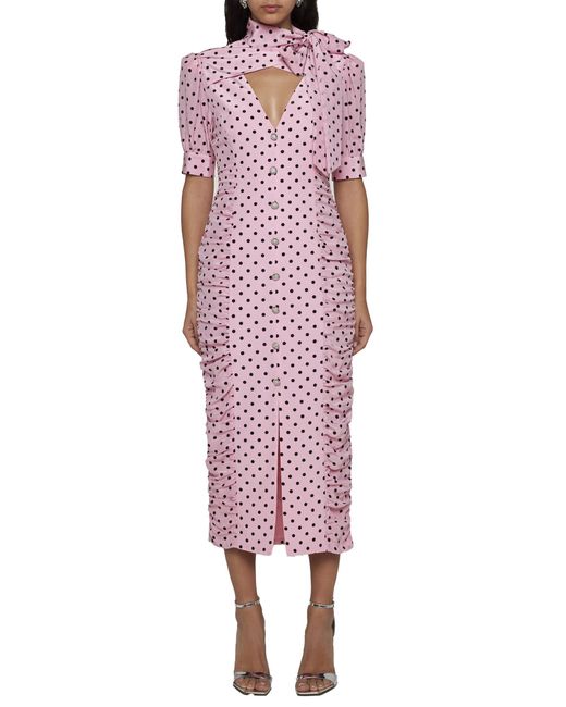 Alessandra Rich Pink Polka Dot Print Silk Midi Dress