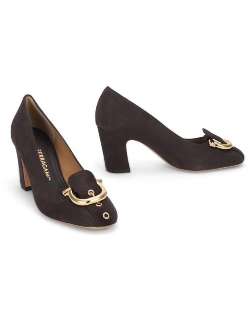 Ferragamo Brown Pumps Gancini Suede Goat Leather