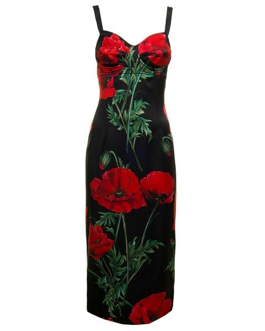Dolce & Gabbana Dolce & Gabban Woman Black Silk Corset Dress With Poppies Print