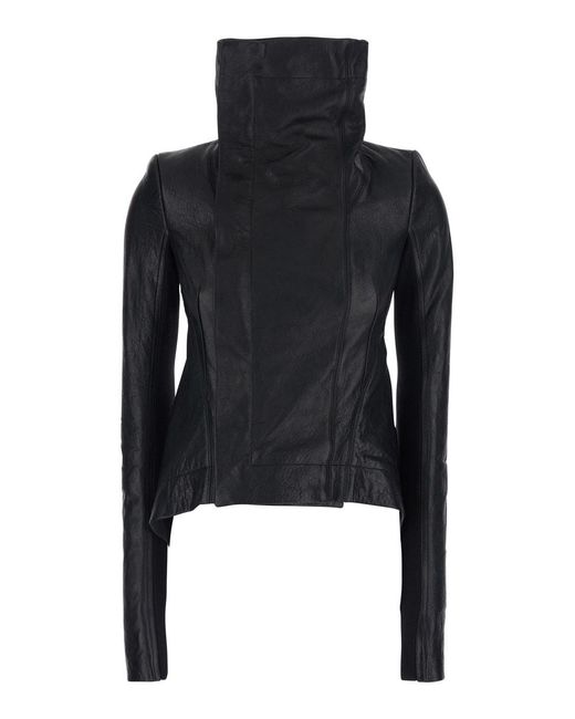 Rick Owens Black Naska Biker Jacket With Oversized Funnel Neck And Double-Breasted Closure
