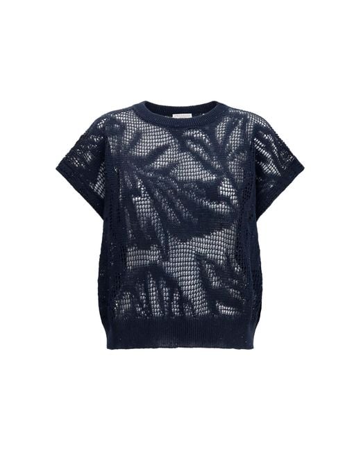 Brunello Cucinelli Blue T-Shirt Dazzling Water Lillies Linen T-Shirts & Jerseys