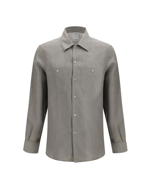 Brunello Cucinelli Gray Easy-Fit Linen Shirt With Chest Pockets for men