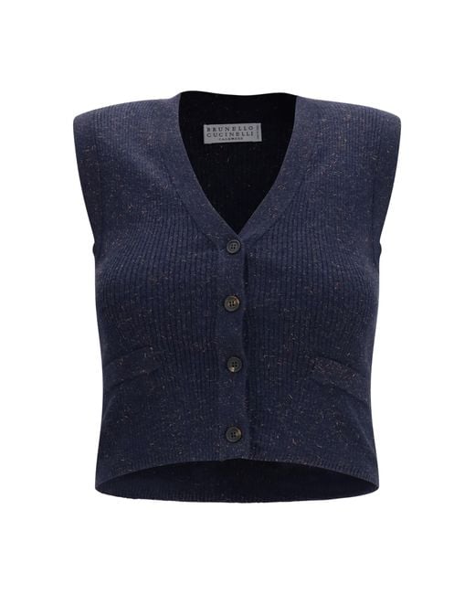 Brunello Cucinelli Blue Sleeveless Metallic Knit Cardigan Cashmere Blazers