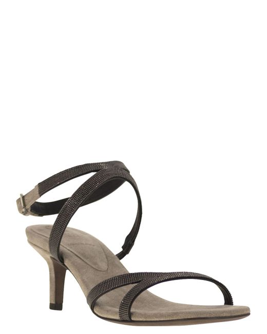 Brunello Cucinelli Black Suede City Heels With Precious Straps