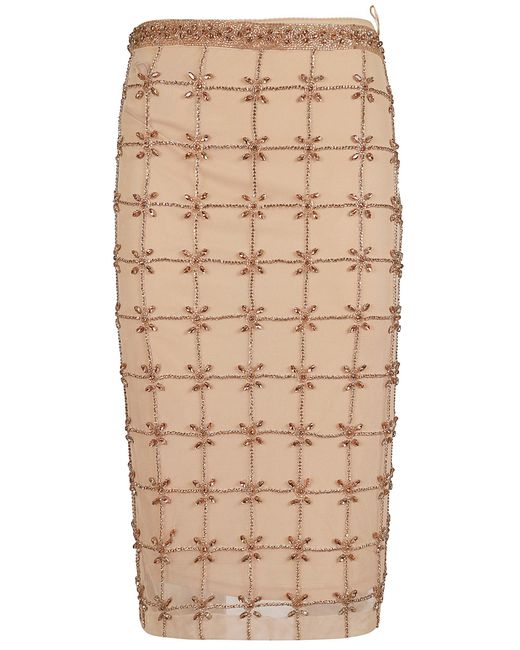 Pinko Natural Elegant Midi Skirt With Geometric Embroidery