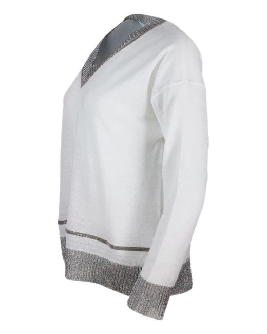 Fabiana Filippi Gray Cotton And Hemp Thread Sweater With V-Neck