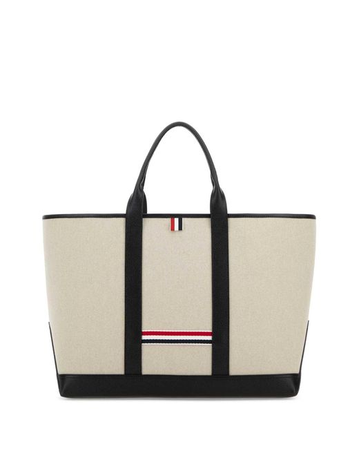 Thom Browne Black Sand Canvas Medium Rwb-Stripe Shopping Bag Portafogli