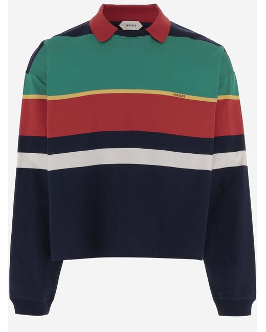 Versace Blue Polo Shirt Striped Cotton Knitwear for men