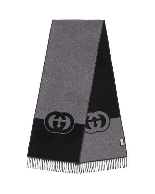 Gucci Black Fringed Logo-jacquard Wool And Cashmere-blend Scarf for men