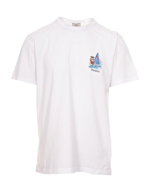 Woolrich White Logo Printed Crewneck T-Shirt for men
