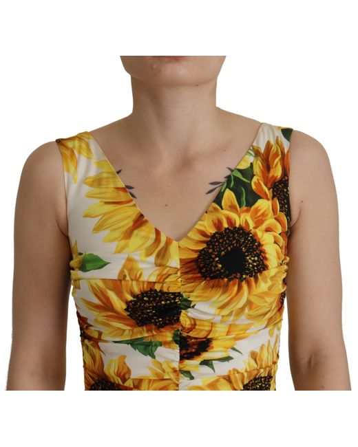 Dolce & Gabbana Black Sunflower Print Sheath Midi Silk Clothing