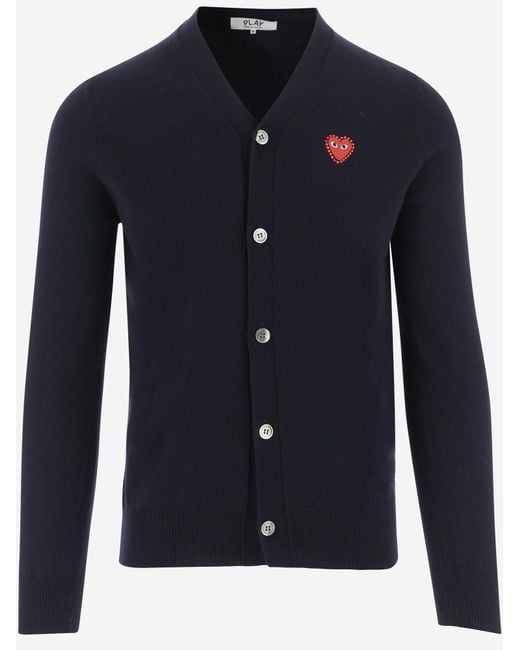 COMME DES GARÇONS PLAY Blue Wool V-Neck Cardigan With Logo for men
