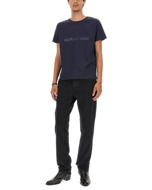 Saint Laurent Blue Inverted Logo T-Shirt T Cotton T-Shirts for men