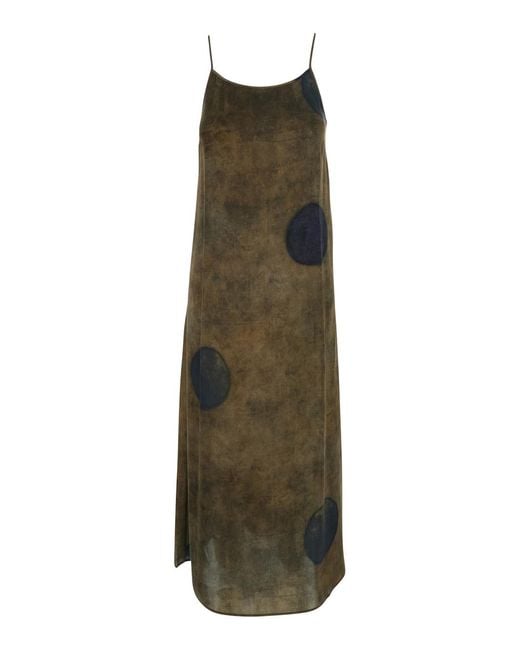 Uma Wang Green Long Dress 'Anaya' With V-Neck And Long Sleeves