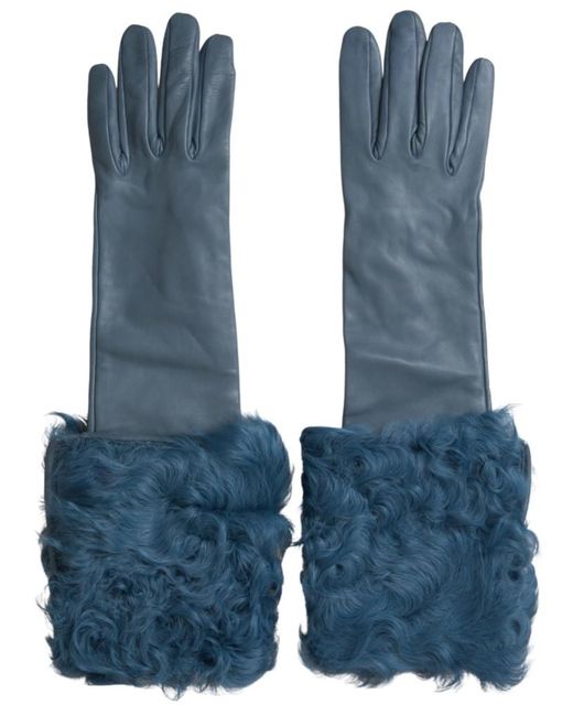 Dolce & Gabbana Blue Leather Fur Mid Arm Length Gloves