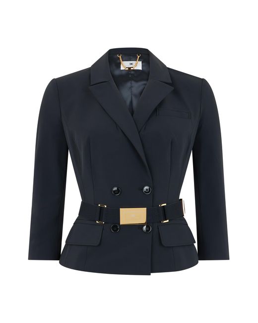 Elisabetta Franchi Blue Jacket, Stretch Fabric With Belt, Polyamide