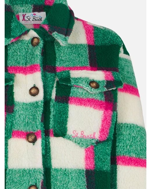 Mc2 Saint Barth Green Girl Sherpa Overshirt With Tartan Print Jacket