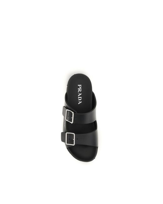 Prada Black Calf Leather Bos Taurus Flat Sandals for men