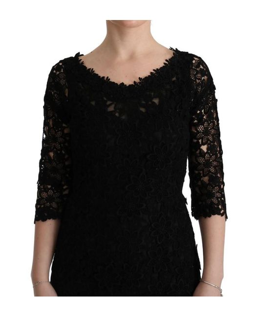 Dolce & Gabbana Black Lace Long Dress Slim Fit Round Neck