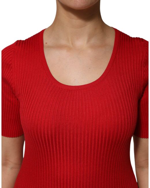 Dolce & Gabbana Red Ribbed Knit Short Sleeve Tee