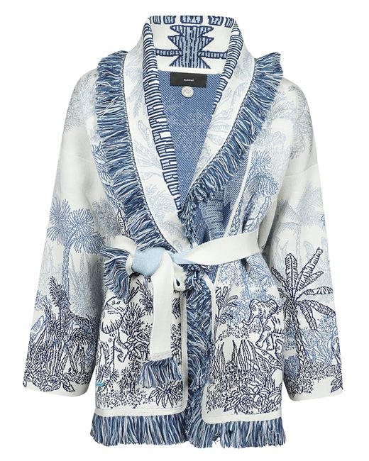 Alanui Blue Icon Jungle Toile De Jouy Fringed Belted Wool, Cotton And Silk-blend Cardigan
