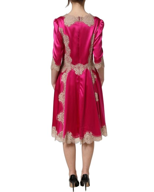 Dolce & Gabbana Pink Fuchsia Lace Detail A-Line Midi Dress Silk Elastane